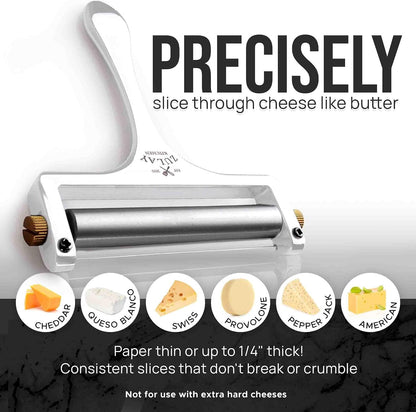 Stainless Steel Wire Cheese Slicer - Adjustable Hand Held Cheese Cutter with 2 Extra Wires - Premium Cheese Knife for Mozzarella, Cheddar, Gruyere - Cheese Cutter with Wire (Silver)