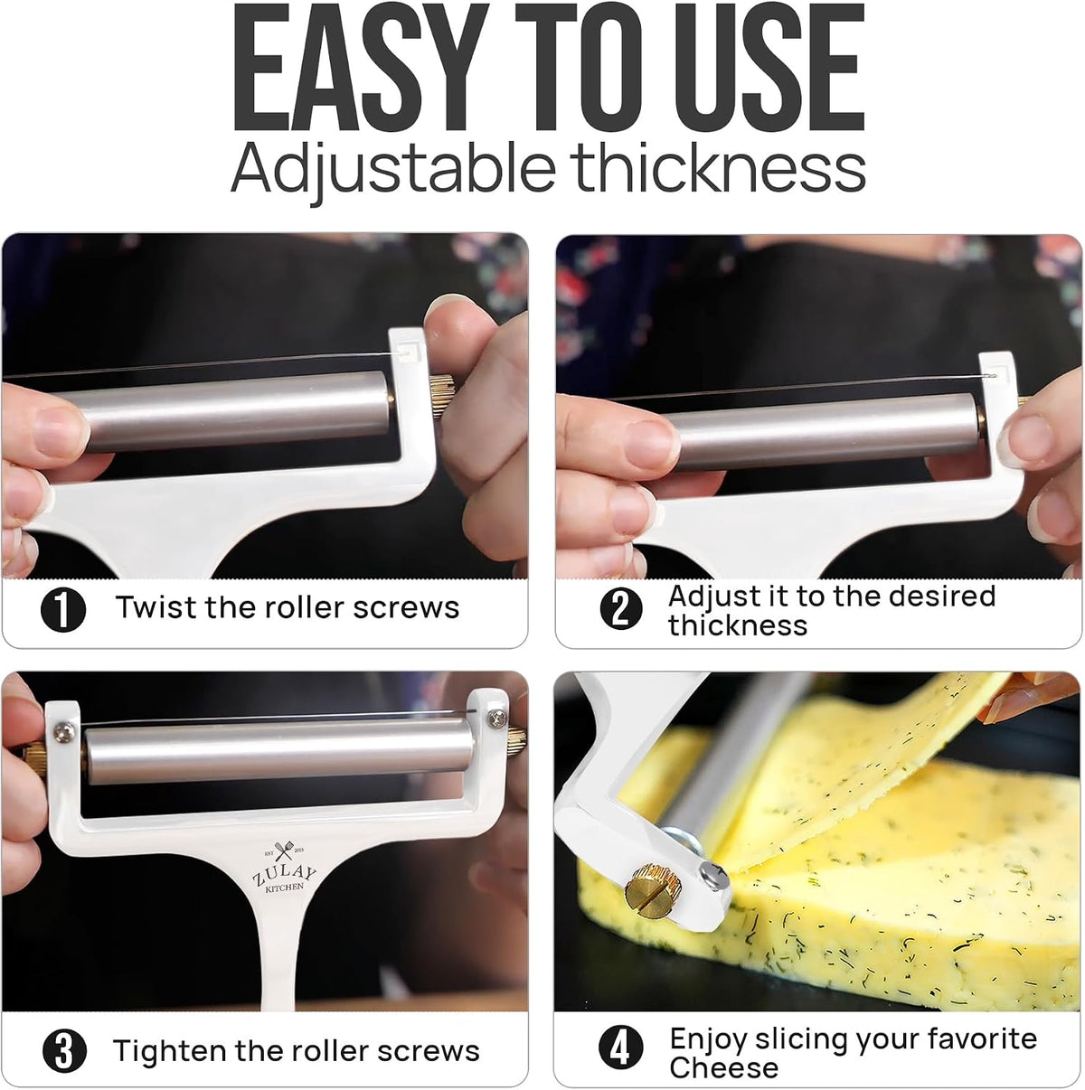 Stainless Steel Wire Cheese Slicer - Adjustable Hand Held Cheese Cutter with 2 Extra Wires - Premium Cheese Knife for Mozzarella, Cheddar, Gruyere - Cheese Cutter with Wire (Silver)