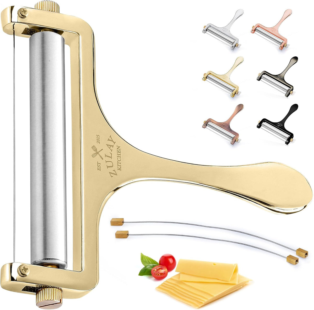 Stainless Steel Wire Cheese Slicer - Adjustable Hand Held Cheese Cutter with 2 Extra Wires - Premium Cheese Knife for Mozzarella, Cheddar, Gruyere - Cheese Cutter with Wire (Silver)