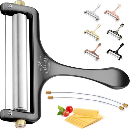 Stainless Steel Wire Cheese Slicer - Adjustable Hand Held Cheese Cutter with 2 Extra Wires - Premium Cheese Knife for Mozzarella, Cheddar, Gruyere - Cheese Cutter with Wire (Silver)