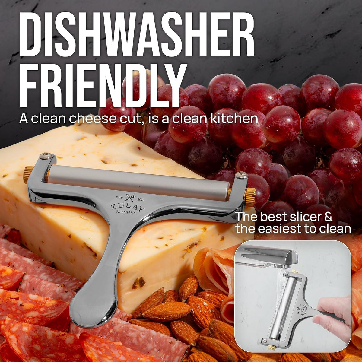 Stainless Steel Wire Cheese Slicer - Adjustable Hand Held Cheese Cutter with 2 Extra Wires - Premium Cheese Knife for Mozzarella, Cheddar, Gruyere - Cheese Cutter with Wire (Silver)
