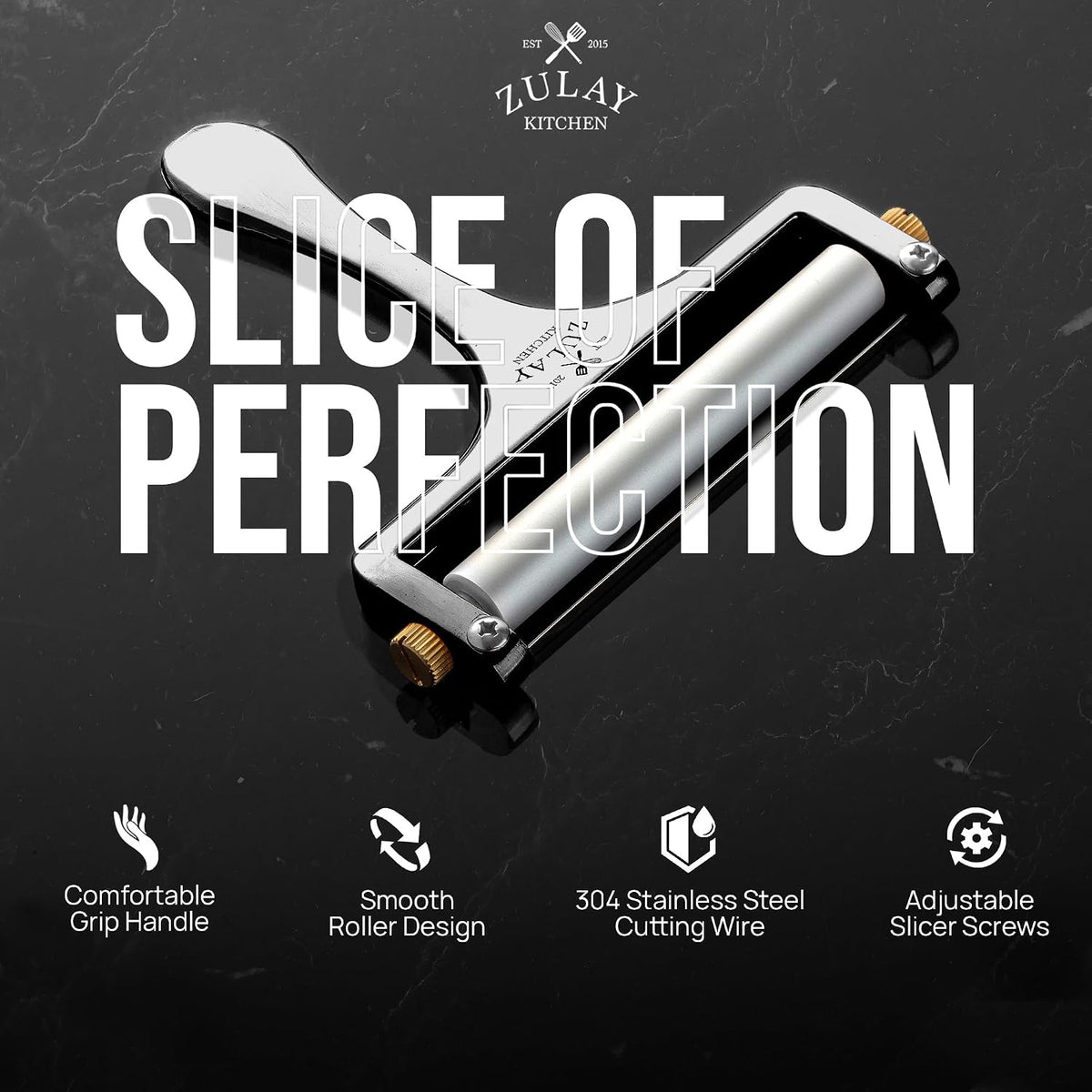 Stainless Steel Wire Cheese Slicer - Adjustable Hand Held Cheese Cutter with 2 Extra Wires - Premium Cheese Knife for Mozzarella, Cheddar, Gruyere - Cheese Cutter with Wire (Silver)