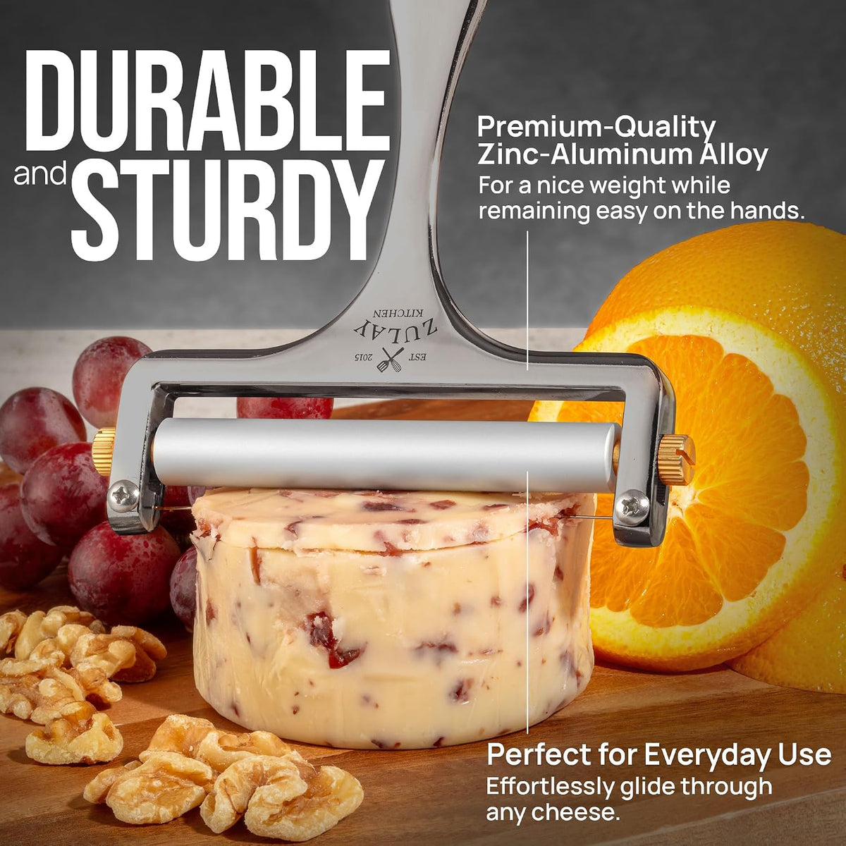 Stainless Steel Wire Cheese Slicer - Adjustable Hand Held Cheese Cutter with 2 Extra Wires - Premium Cheese Knife for Mozzarella, Cheddar, Gruyere - Cheese Cutter with Wire (Silver)