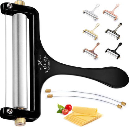 Stainless Steel Wire Cheese Slicer - Adjustable Hand Held Cheese Cutter with 2 Extra Wires - Premium Cheese Knife for Mozzarella, Cheddar, Gruyere - Cheese Cutter with Wire (Silver)