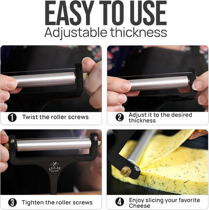 Stainless Steel Wire Cheese Slicer - Adjustable Hand Held Cheese Cutter with 2 Extra Wires - Premium Cheese Knife for Mozzarella, Cheddar, Gruyere - Cheese Cutter with Wire (Silver)