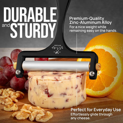 Stainless Steel Wire Cheese Slicer - Adjustable Hand Held Cheese Cutter with 2 Extra Wires - Premium Cheese Knife for Mozzarella, Cheddar, Gruyere - Cheese Cutter with Wire (Silver)