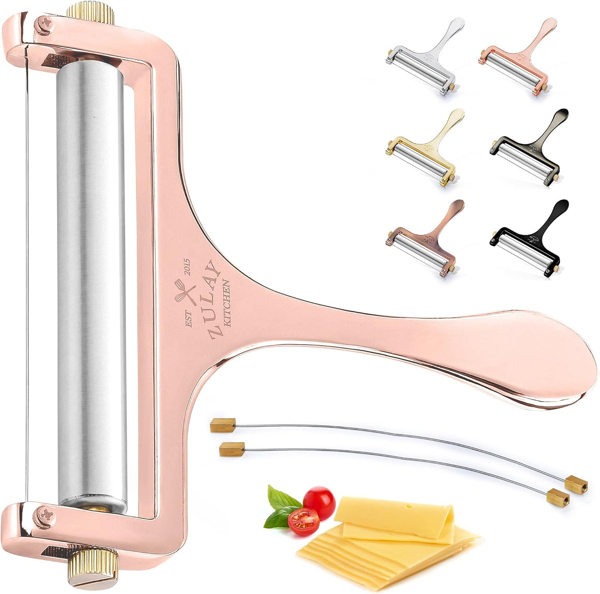 Stainless Steel Wire Cheese Slicer - Adjustable Hand Held Cheese Cutter with 2 Extra Wires - Premium Cheese Knife for Mozzarella, Cheddar, Gruyere - Cheese Cutter with Wire (Silver)