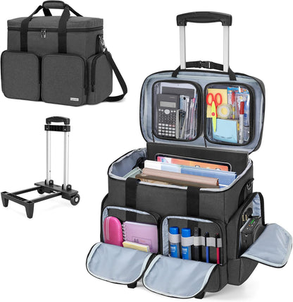 Rolling Teacher Tote Bag with Padded Laptop Compartment for up to 15.6 Inches Laptop, Wheeled Teacher Bag for Teaching, Office, Craft, Black