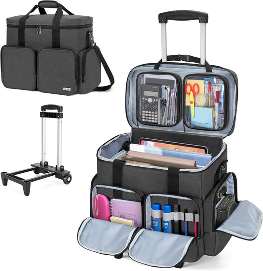 Rolling Teacher Tote Bag with Padded Laptop Compartment for up to 15.6 Inches Laptop, Wheeled Teacher Bag for Teaching, Office, Craft, Black