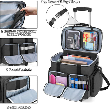 Rolling Teacher Tote Bag with Padded Laptop Compartment for up to 15.6 Inches Laptop, Wheeled Teacher Bag for Teaching, Office, Craft, Black