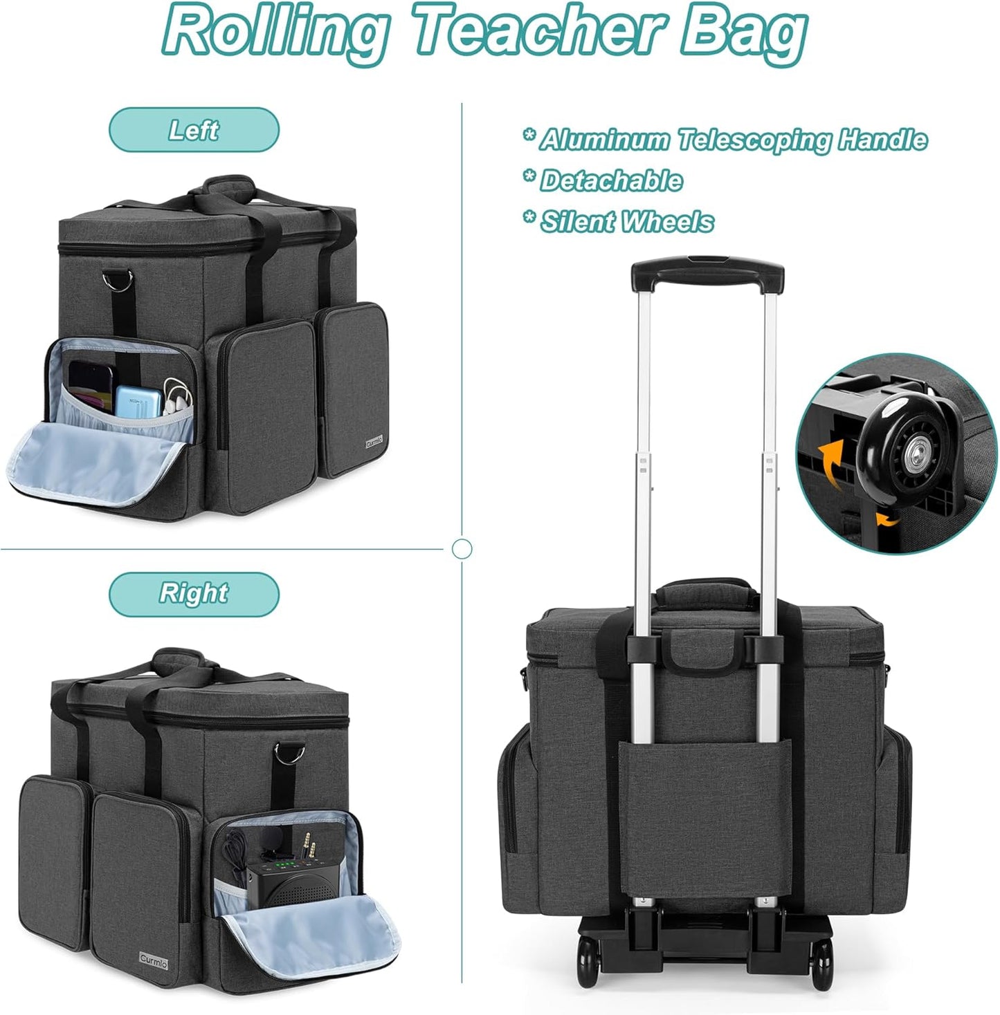 Rolling Teacher Tote Bag with Padded Laptop Compartment for up to 15.6 Inches Laptop, Wheeled Teacher Bag for Teaching, Office, Craft, Black