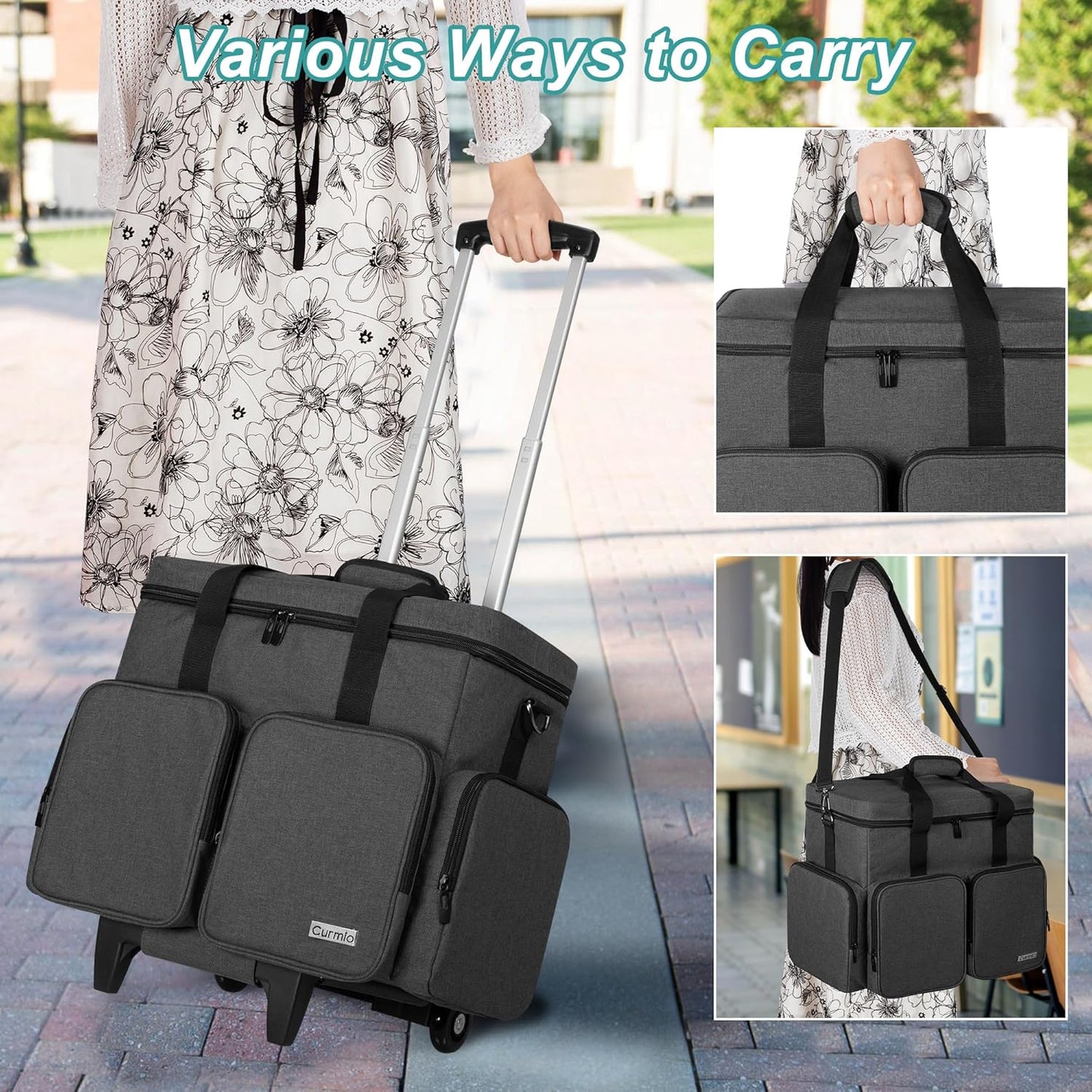 Rolling Teacher Tote Bag with Padded Laptop Compartment for up to 15.6 Inches Laptop, Wheeled Teacher Bag for Teaching, Office, Craft, Black