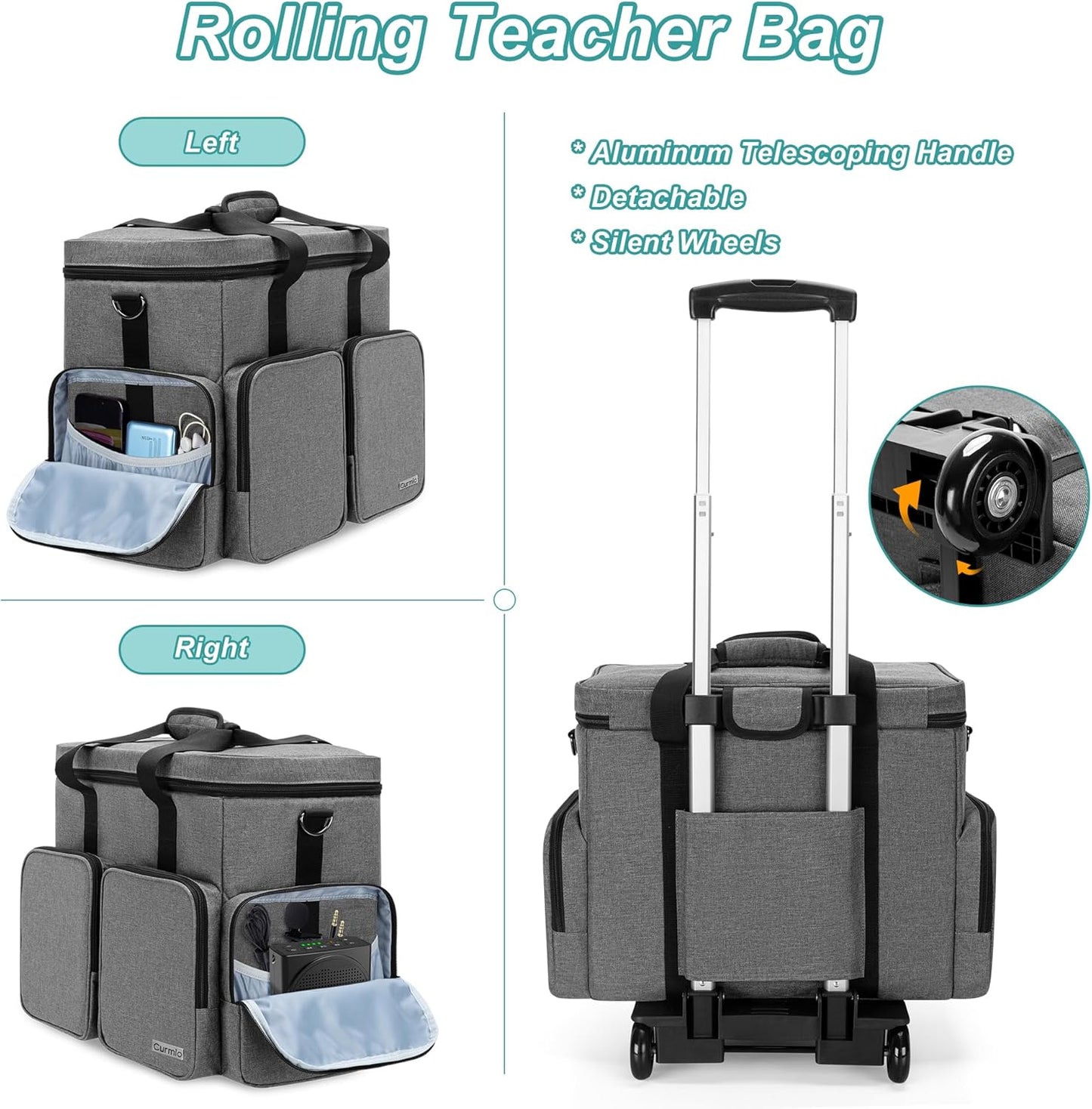 Rolling Teacher Tote Bag with Padded Laptop Compartment for up to 15.6 Inches Laptop, Wheeled Teacher Bag for Teaching, Office, Craft, Black