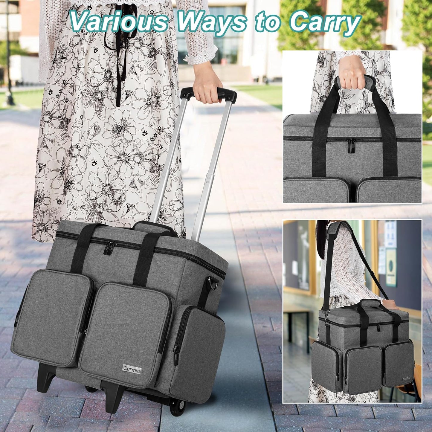 Rolling Teacher Tote Bag with Padded Laptop Compartment for up to 15.6 Inches Laptop, Wheeled Teacher Bag for Teaching, Office, Craft, Black
