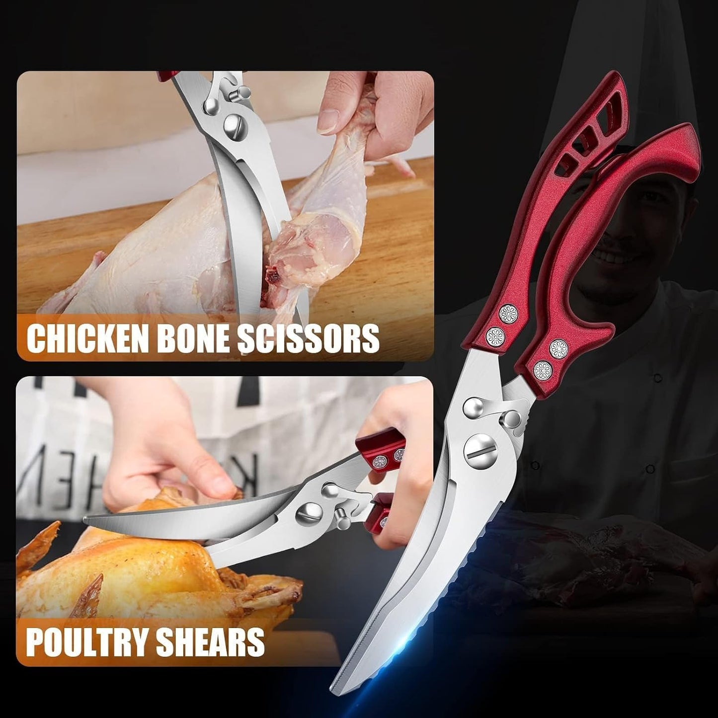 Poultry Shears, Heavy Duty Kitchen Shears with Serrated Edge, No Rust Spring Loaded, Multipurpose Stainless Steel Kitchen Scissors for Chicken, Bone, Meat, Turkey, Fish Thanksgiving Gifts