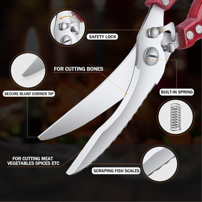 Poultry Shears, Heavy Duty Kitchen Shears with Serrated Edge, No Rust Spring Loaded, Multipurpose Stainless Steel Kitchen Scissors for Chicken, Bone, Meat, Turkey, Fish Thanksgiving Gifts