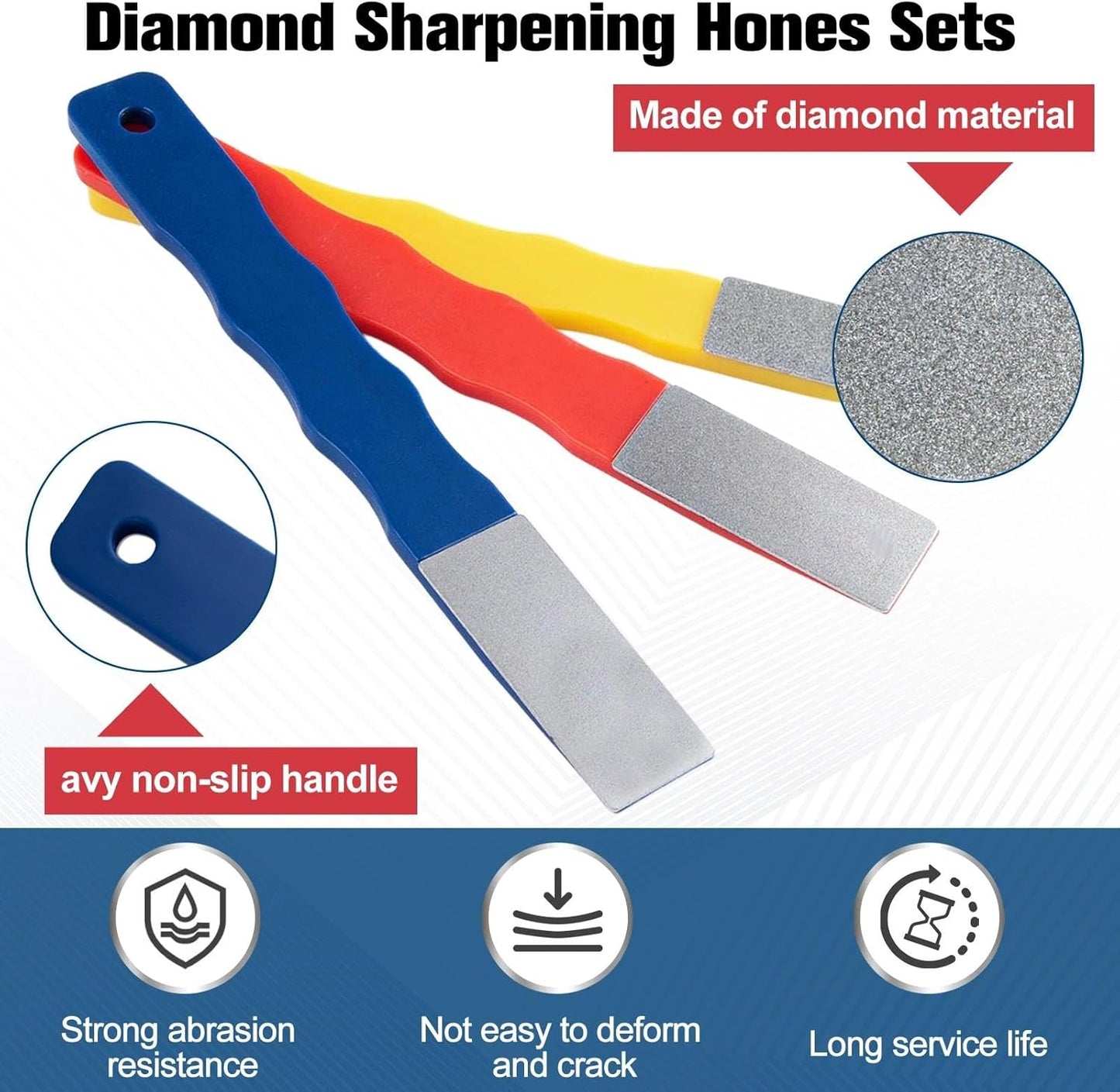 3Pcs Diamond Sharpening Hones Sets 3Grits 220# 400# 600# Color Coded Diamond Sharpening Stones Tools Flat Hand File Knife Set for Hunting, Outdoor