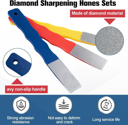 3Pcs Diamond Sharpening Hones Sets 3Grits 220# 400# 600# Color Coded Diamond Sharpening Stones Tools Flat Hand File Knife Set for Hunting, Outdoor