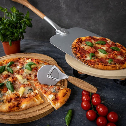 Stainless Steel Cheese Knife - for All Types of Cheese Pizza - Multi-Functional Cheese Slicer - Handheld Slicer - Silver Non-Stick Oak Wood - Dishwasher Safe - for Kitchen Cooking