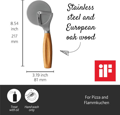 Stainless Steel Cheese Knife - for All Types of Cheese Pizza - Multi-Functional Cheese Slicer - Handheld Slicer - Silver Non-Stick Oak Wood - Dishwasher Safe - for Kitchen Cooking