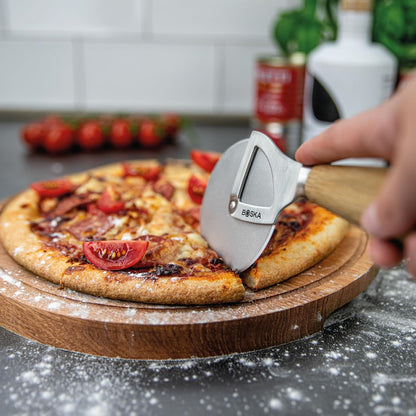 Stainless Steel Cheese Knife - for All Types of Cheese Pizza - Multi-Functional Cheese Slicer - Handheld Slicer - Silver Non-Stick Oak Wood - Dishwasher Safe - for Kitchen Cooking