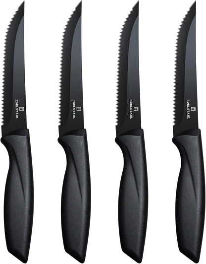 Steak Knives Set of 4, Premium Steak Knife,Stainless Steel Steak Knives Set,Sharp Serrated Steak Knife,Ergonomic Black Handle Steak Knifes,Durable Kitchen Steak Knifes,Dishwasher Safe