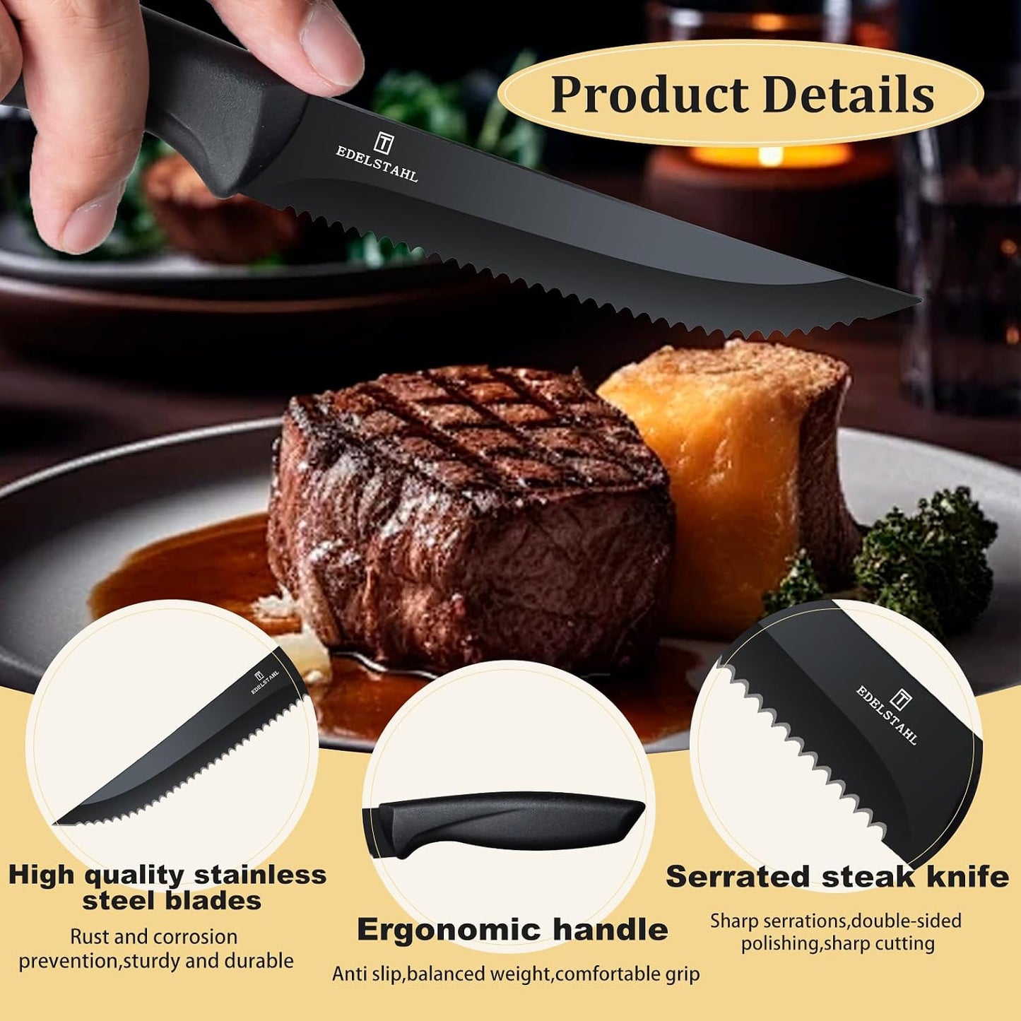 Steak Knives Set of 4, Premium Steak Knife,Stainless Steel Steak Knives Set,Sharp Serrated Steak Knife,Ergonomic Black Handle Steak Knifes,Durable Kitchen Steak Knifes,Dishwasher Safe