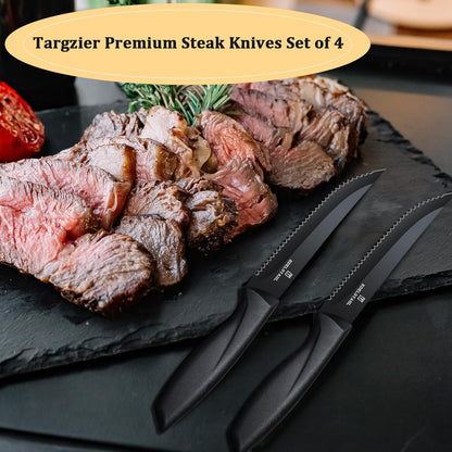Steak Knives Set of 4, Premium Steak Knife,Stainless Steel Steak Knives Set,Sharp Serrated Steak Knife,Ergonomic Black Handle Steak Knifes,Durable Kitchen Steak Knifes,Dishwasher Safe