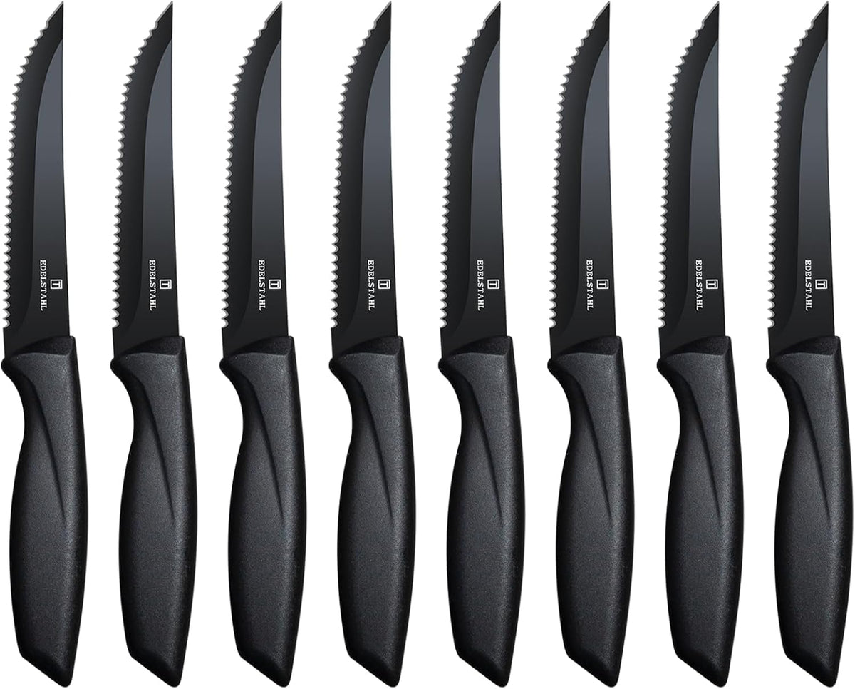 Steak Knives Set of 4, Premium Steak Knife,Stainless Steel Steak Knives Set,Sharp Serrated Steak Knife,Ergonomic Black Handle Steak Knifes,Durable Kitchen Steak Knifes,Dishwasher Safe