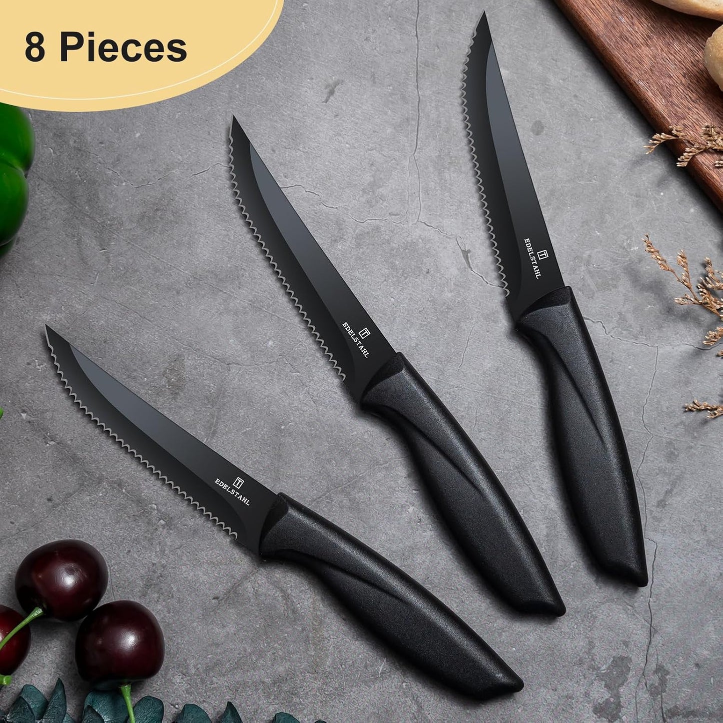 Steak Knives Set of 4, Premium Steak Knife,Stainless Steel Steak Knives Set,Sharp Serrated Steak Knife,Ergonomic Black Handle Steak Knifes,Durable Kitchen Steak Knifes,Dishwasher Safe