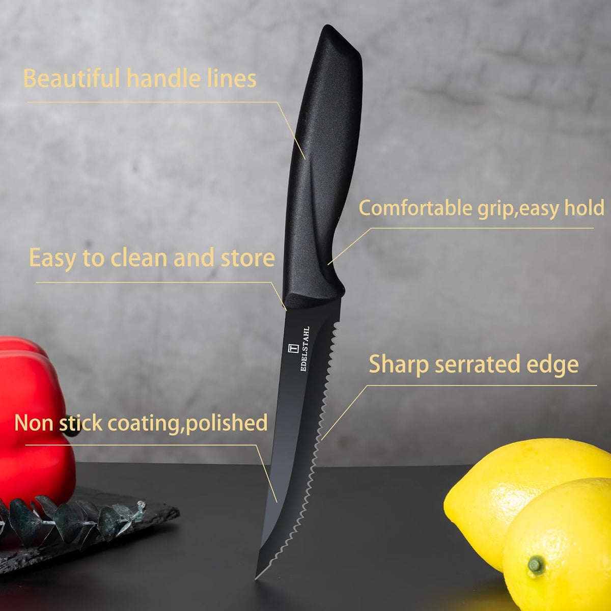 Steak Knives Set of 4, Premium Steak Knife,Stainless Steel Steak Knives Set,Sharp Serrated Steak Knife,Ergonomic Black Handle Steak Knifes,Durable Kitchen Steak Knifes,Dishwasher Safe