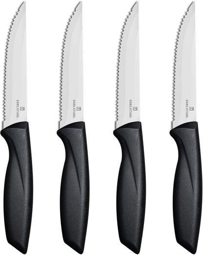 Steak Knives Set of 4, Premium Steak Knife,Stainless Steel Steak Knives Set,Sharp Serrated Steak Knife,Ergonomic Black Handle Steak Knifes,Durable Kitchen Steak Knifes,Dishwasher Safe