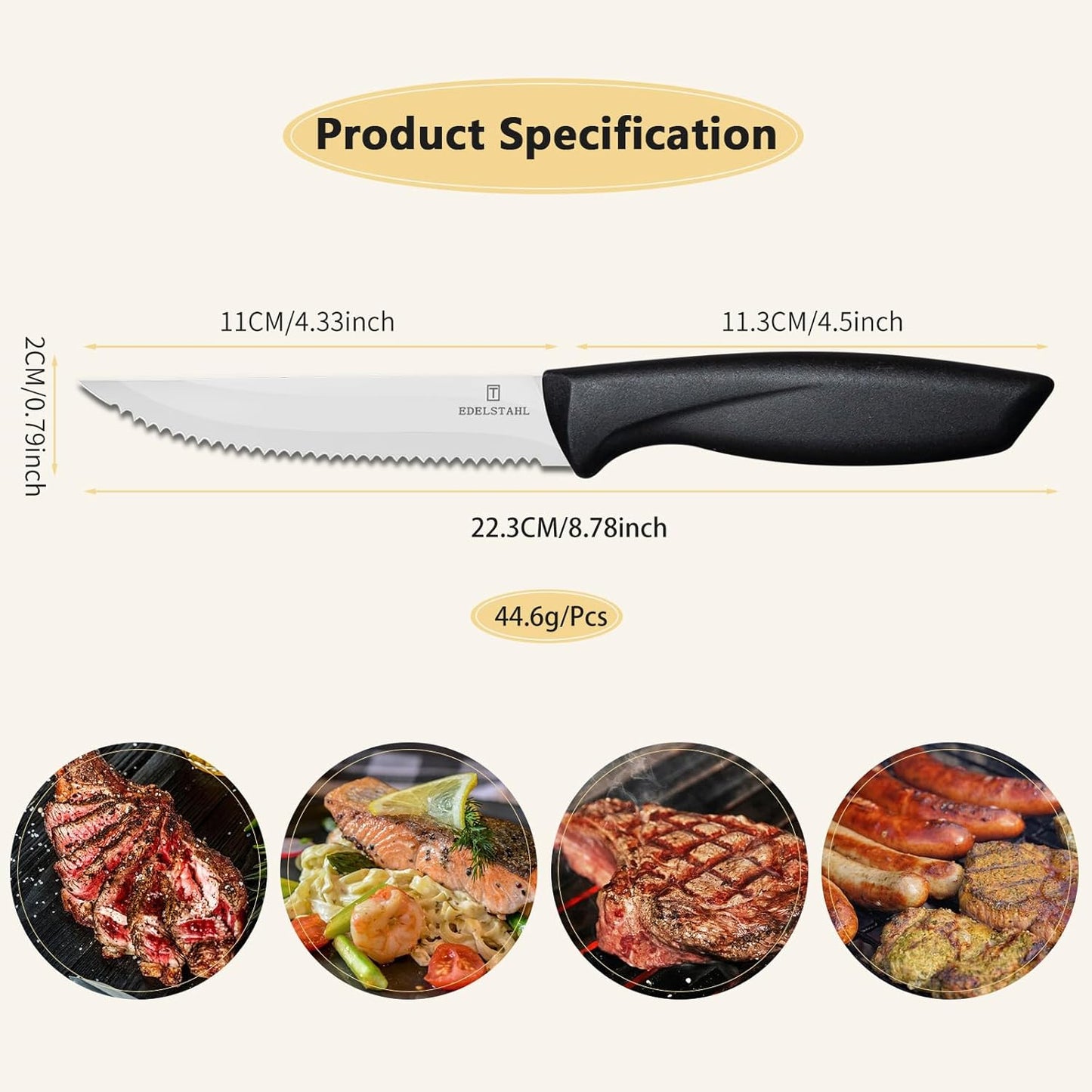 Steak Knives Set of 4, Premium Steak Knife,Stainless Steel Steak Knives Set,Sharp Serrated Steak Knife,Ergonomic Black Handle Steak Knifes,Durable Kitchen Steak Knifes,Dishwasher Safe