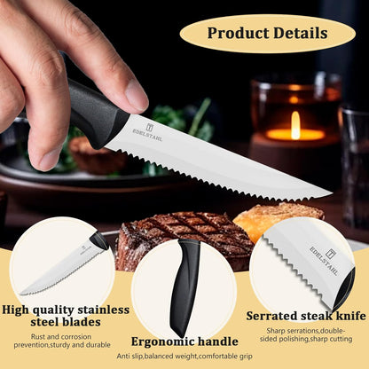 Steak Knives Set of 4, Premium Steak Knife,Stainless Steel Steak Knives Set,Sharp Serrated Steak Knife,Ergonomic Black Handle Steak Knifes,Durable Kitchen Steak Knifes,Dishwasher Safe