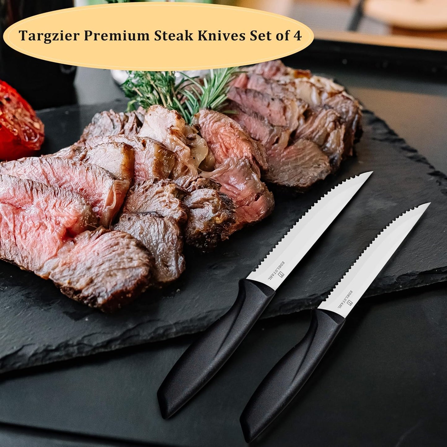 Steak Knives Set of 4, Premium Steak Knife,Stainless Steel Steak Knives Set,Sharp Serrated Steak Knife,Ergonomic Black Handle Steak Knifes,Durable Kitchen Steak Knifes,Dishwasher Safe