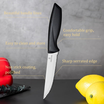 Steak Knives Set of 4, Premium Steak Knife,Stainless Steel Steak Knives Set,Sharp Serrated Steak Knife,Ergonomic Black Handle Steak Knifes,Durable Kitchen Steak Knifes,Dishwasher Safe