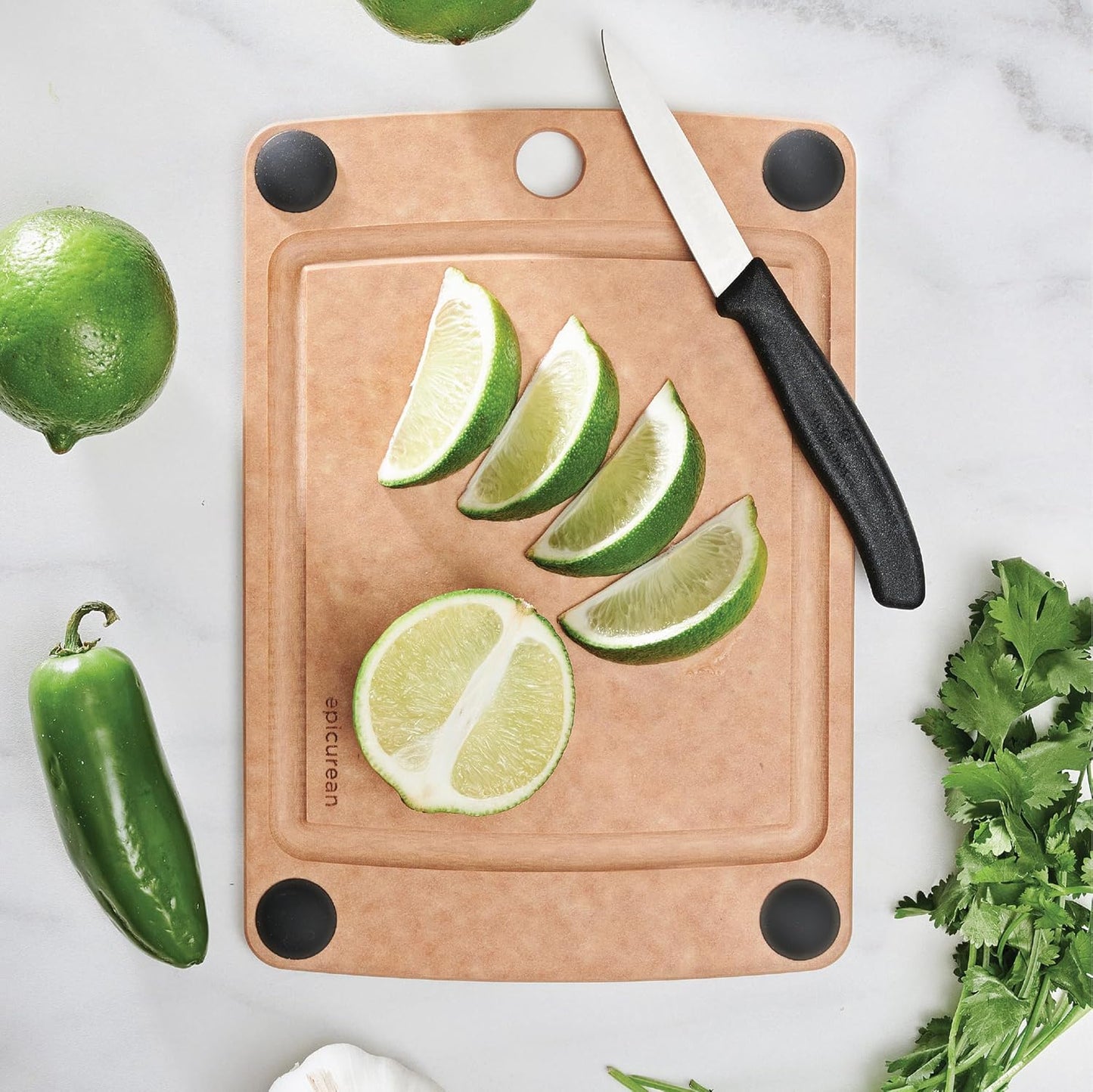 All-In-One Cutting Board with Non-Slip Feet and Juice Groove, 17.5" × 13", Natural/Black