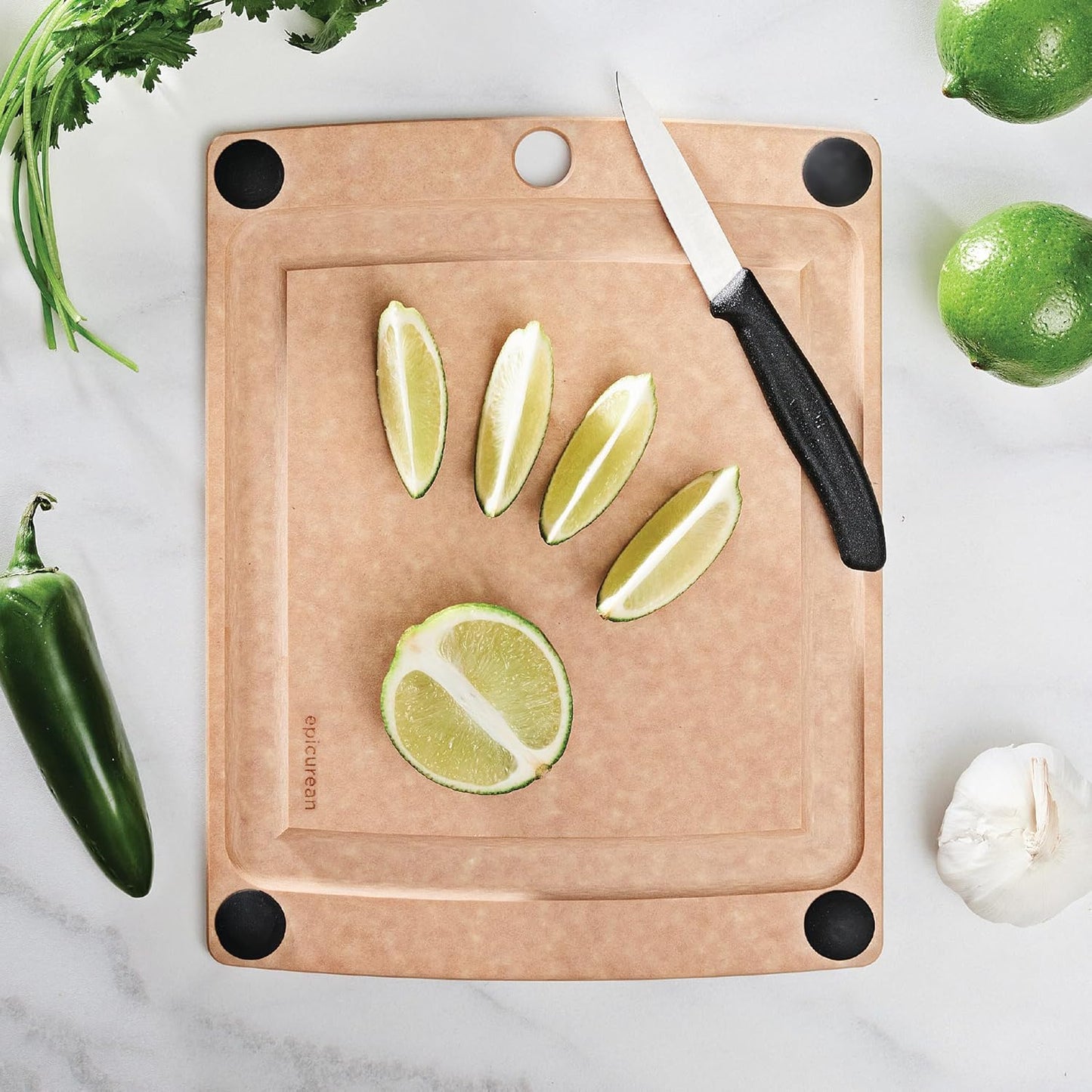 All-In-One Cutting Board with Non-Slip Feet and Juice Groove, 17.5" × 13", Natural/Black