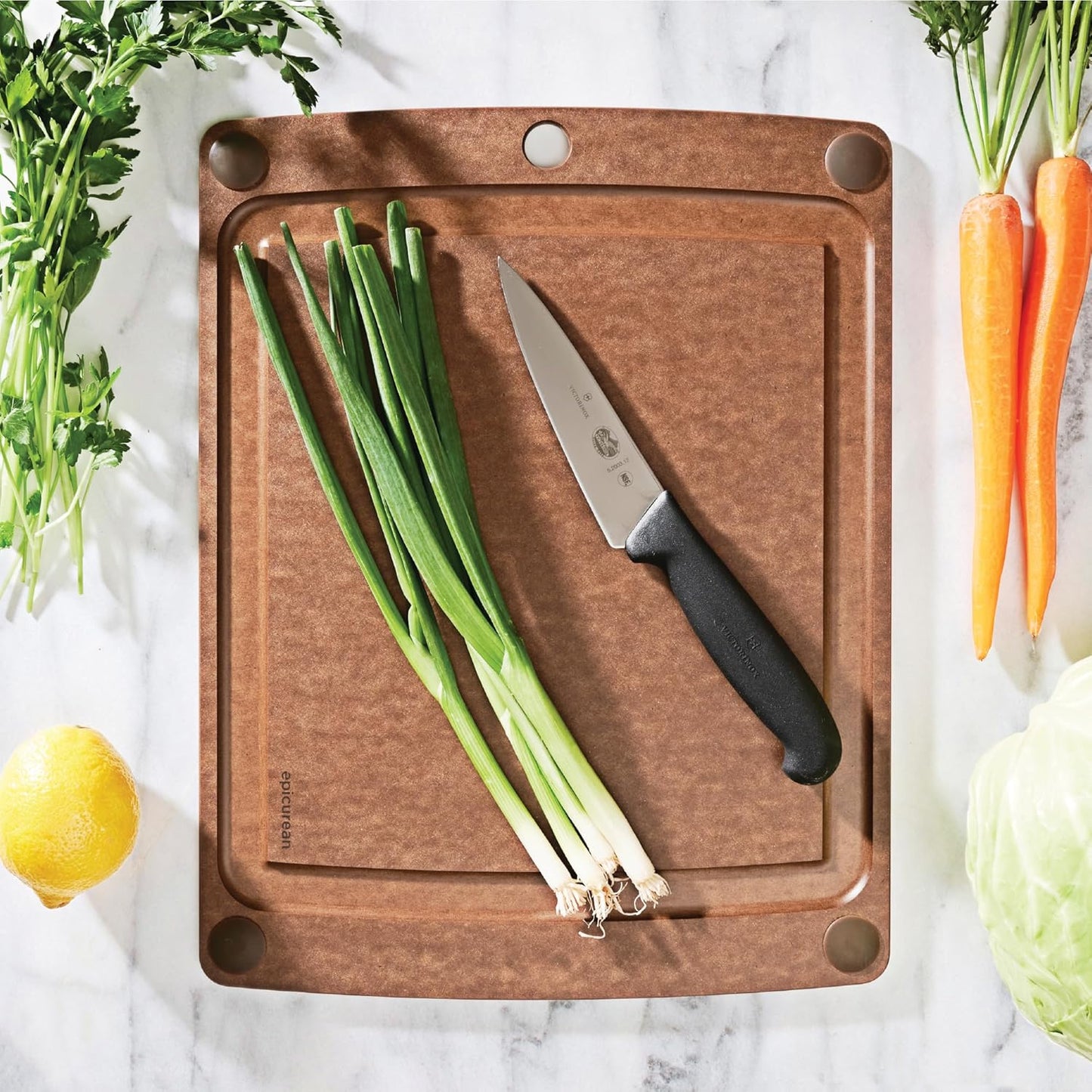 All-In-One Cutting Board with Non-Slip Feet and Juice Groove, 17.5" × 13", Natural/Black