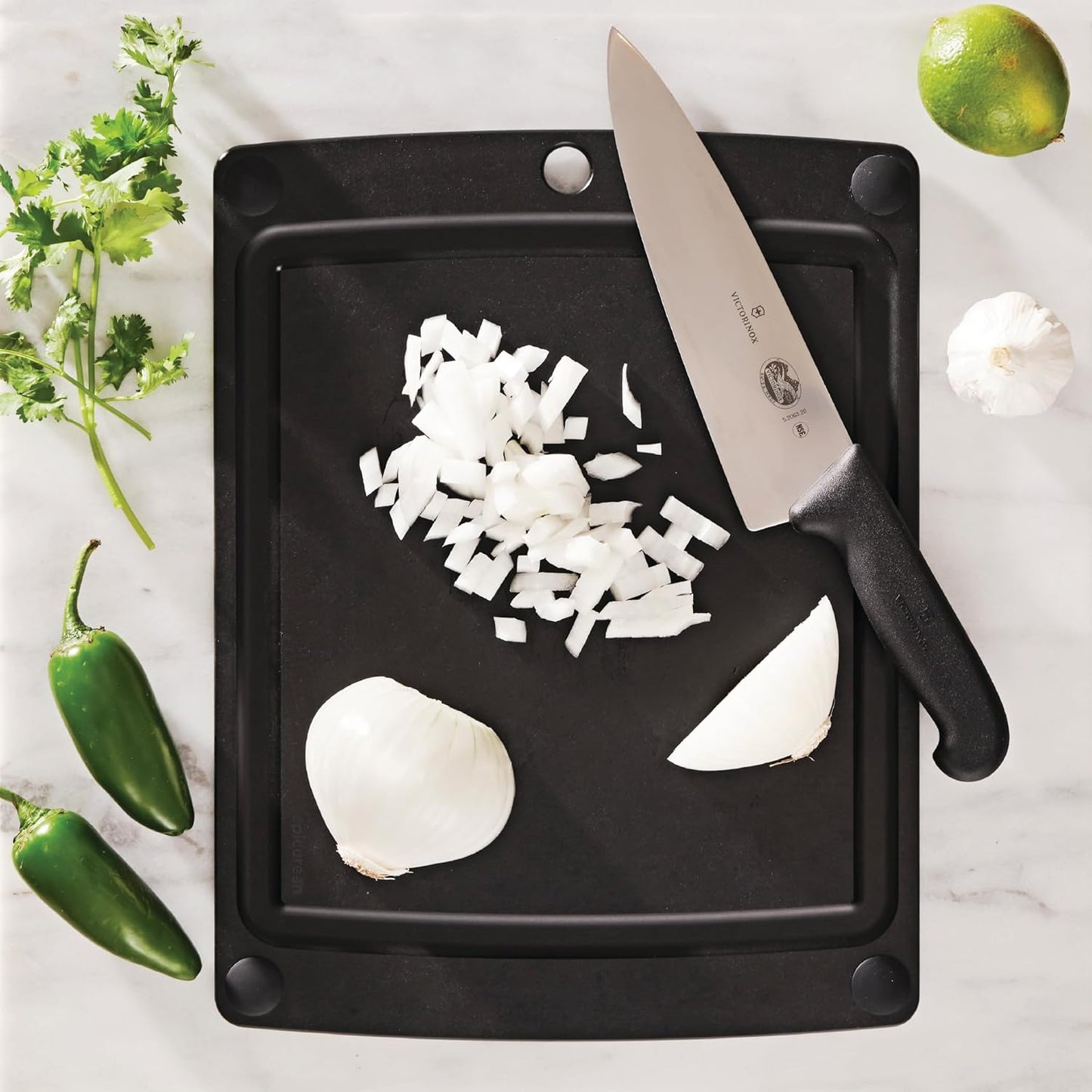 All-In-One Cutting Board with Non-Slip Feet and Juice Groove, 17.5" × 13", Natural/Black