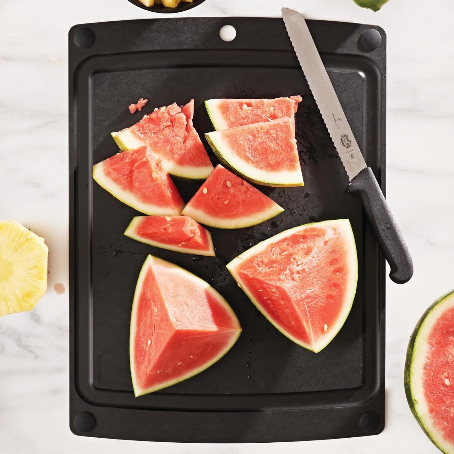 All-In-One Cutting Board with Non-Slip Feet and Juice Groove, 17.5" × 13", Natural/Black