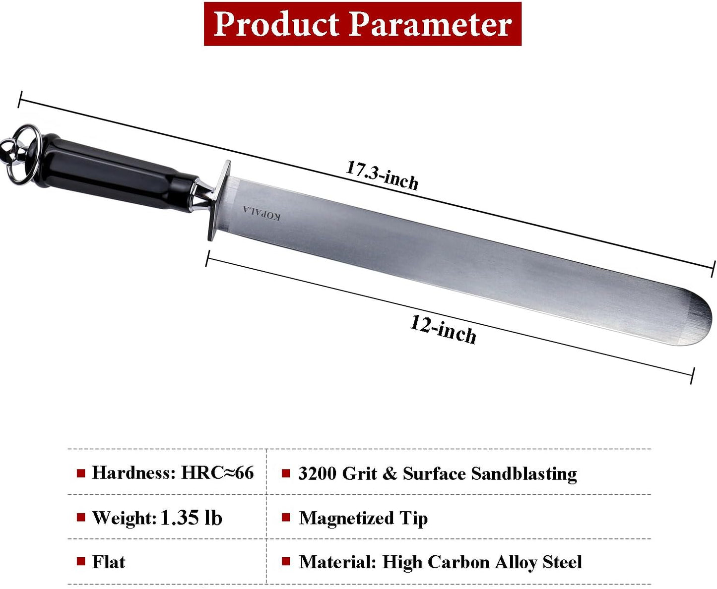 Sharpening Steel Knife Sharpener Rod Flat 12 Inches Honing Steel for Knives Heavy-duty Dark