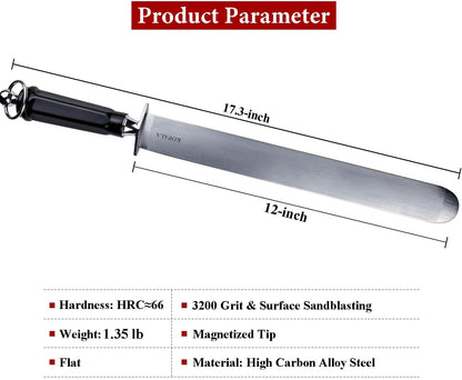 Sharpening Steel Knife Sharpener Rod Flat 12 Inches Honing Steel for Knives Heavy-duty Dark