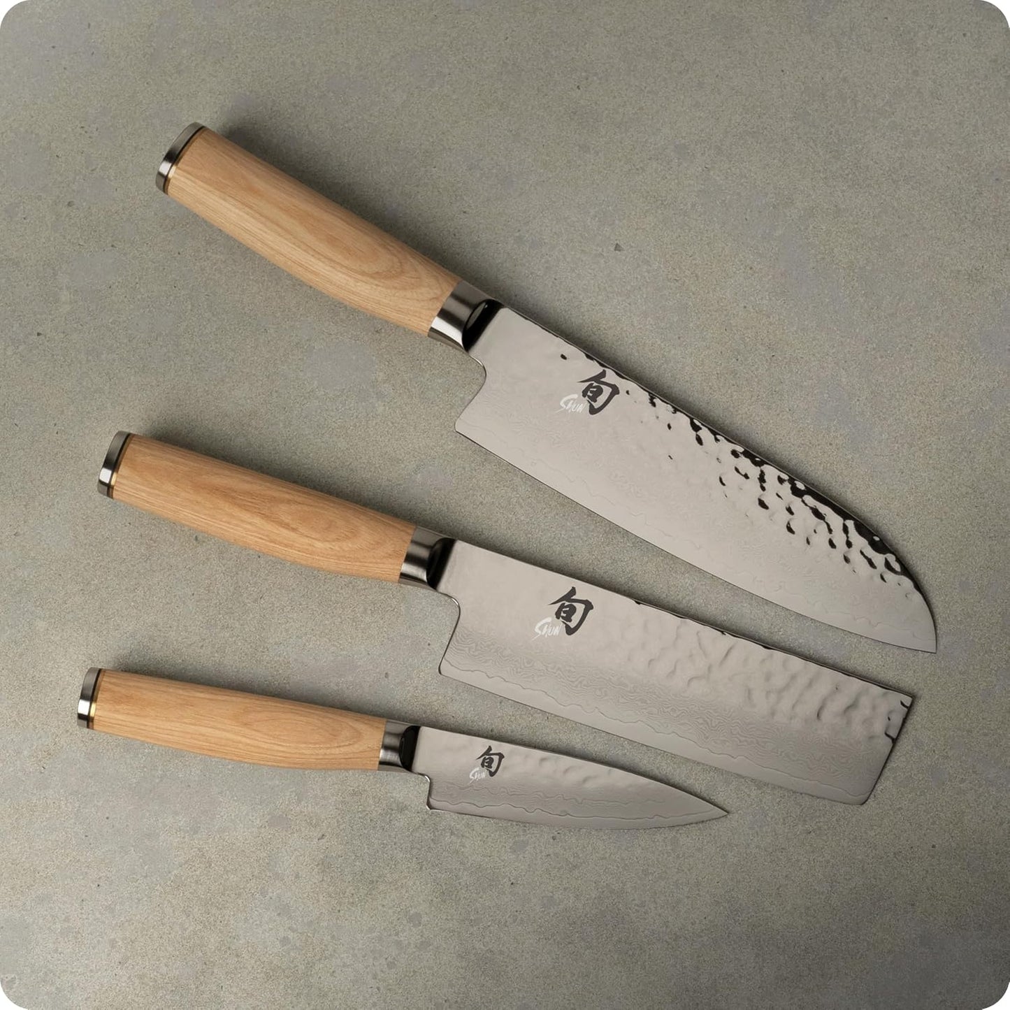 Premier Blonde 3 Piece Japan Starter Set, Includes 7" Santoku, 4" Paring & 5.5" Nakiri Knives, Handcrafted Japanese Knife Set, VG-MAX Core with Damascus Stainless Steel Cladding, Pakkawood Handle