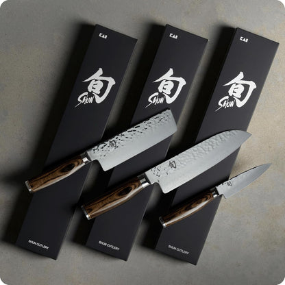 Premier Blonde 3 Piece Japan Starter Set, Includes 7" Santoku, 4" Paring & 5.5" Nakiri Knives, Handcrafted Japanese Knife Set, VG-MAX Core with Damascus Stainless Steel Cladding, Pakkawood Handle