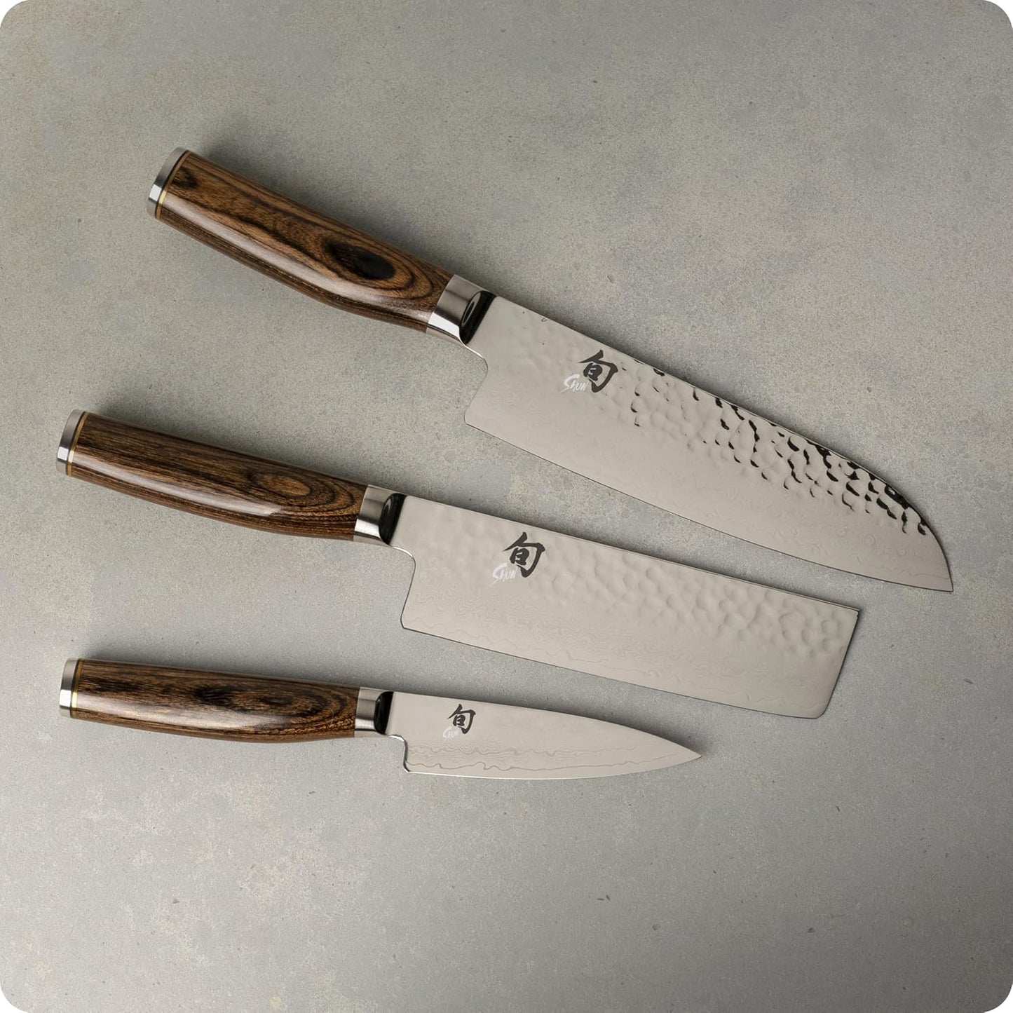 Premier Blonde 3 Piece Japan Starter Set, Includes 7" Santoku, 4" Paring & 5.5" Nakiri Knives, Handcrafted Japanese Knife Set, VG-MAX Core with Damascus Stainless Steel Cladding, Pakkawood Handle