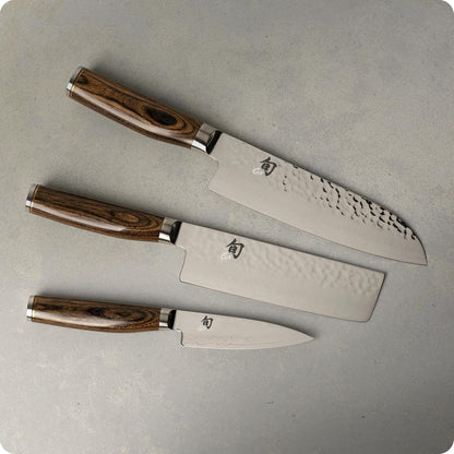 Premier Blonde 3 Piece Japan Starter Set, Includes 7" Santoku, 4" Paring & 5.5" Nakiri Knives, Handcrafted Japanese Knife Set, VG-MAX Core with Damascus Stainless Steel Cladding, Pakkawood Handle