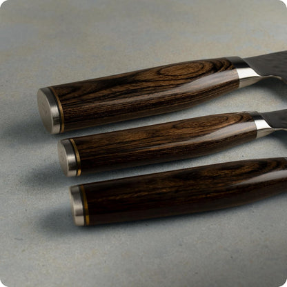 Premier Blonde 3 Piece Japan Starter Set, Includes 7" Santoku, 4" Paring & 5.5" Nakiri Knives, Handcrafted Japanese Knife Set, VG-MAX Core with Damascus Stainless Steel Cladding, Pakkawood Handle