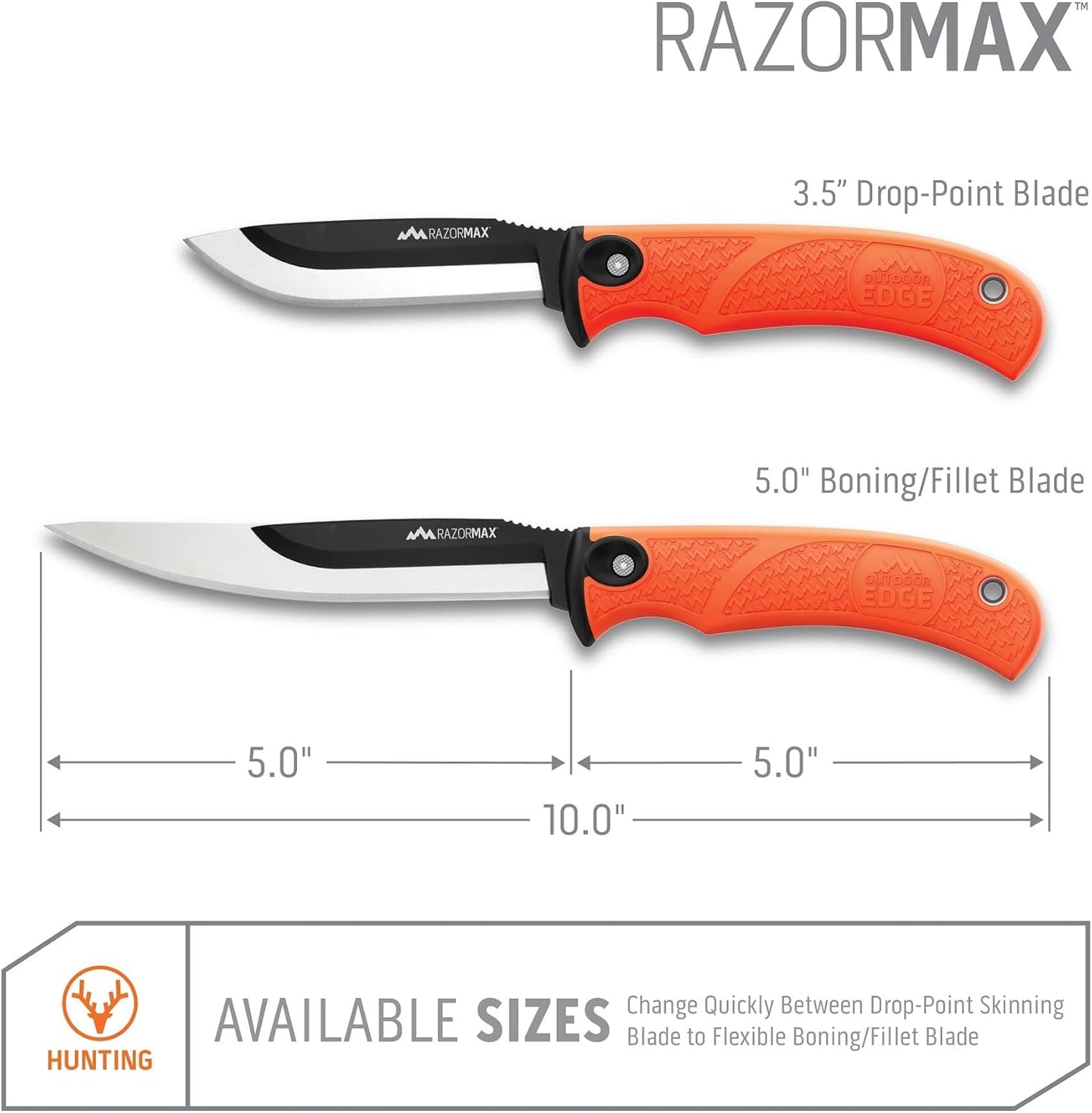 RazorMax - Replaceable Fixed Blade Hunting Knife with 3.5" Drop-Point, 5" Boning/Fillet Blades, Belt Sheath and Detachable Blade Carrier (Black, 6 Blades)