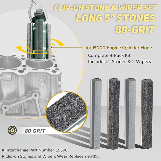 15500 Stone and Wiper Set for Wear Parts Replacement for 1500 Engine Cylinder Hone, Complete 4-Piece 80-Grit Honing Stones
